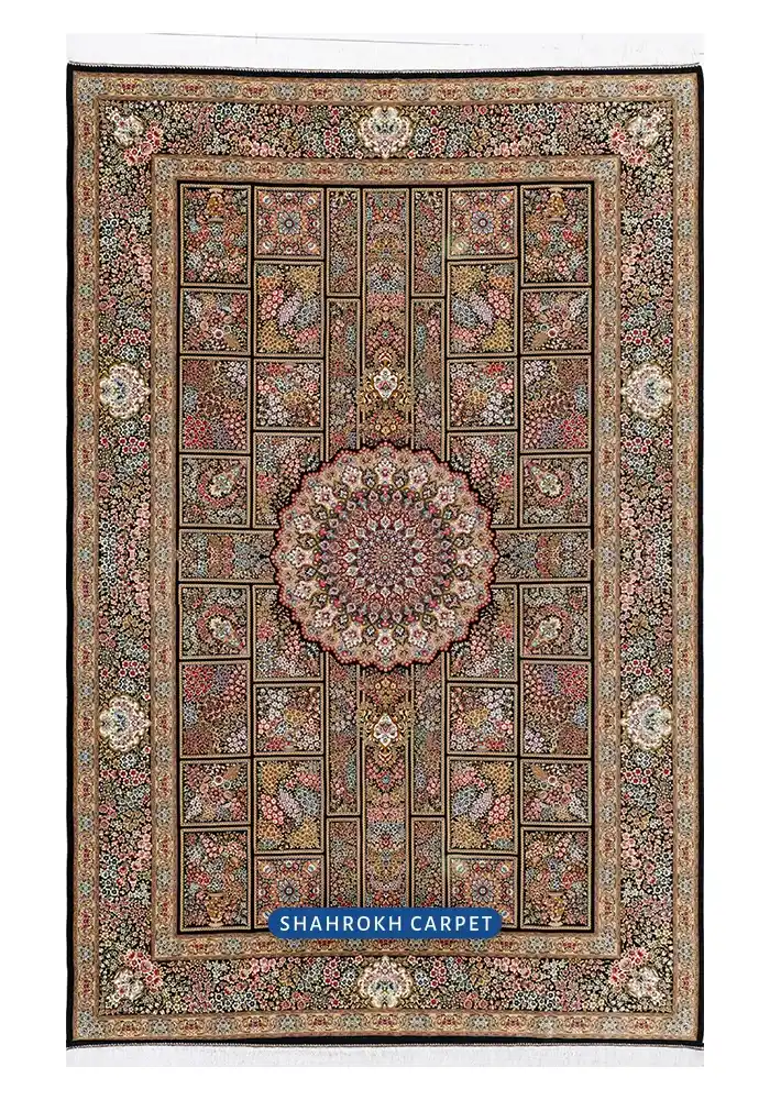 فرش ابریشم ماشینی طرح خشتی 6 متری سرمه ای طرح افرا، 1700 شانه | شرکت فرش شاهرخ