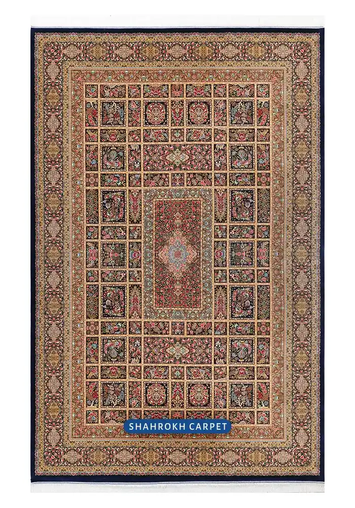 فرش ابریشم ماشینی طرح خشتی 6 متری آبی طرح پریرخ، 1700 شانه | شرکت فرش شاهرخ