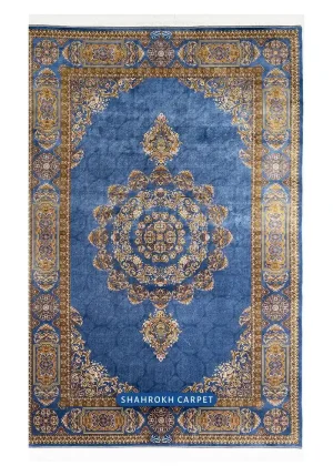 خرید و قیمت فرش ابريشمي ماشيني تبریز 6 متری 1700 شانه رنگ آبی طرح درسا - فرش شاهرخ