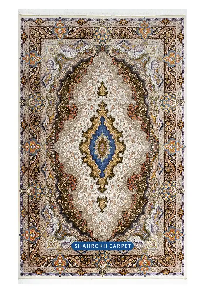 خرید فرش ماشینی ابریشمی مدرن 6 متری کرم 1700 شانه فراز - فرش شاهرخ