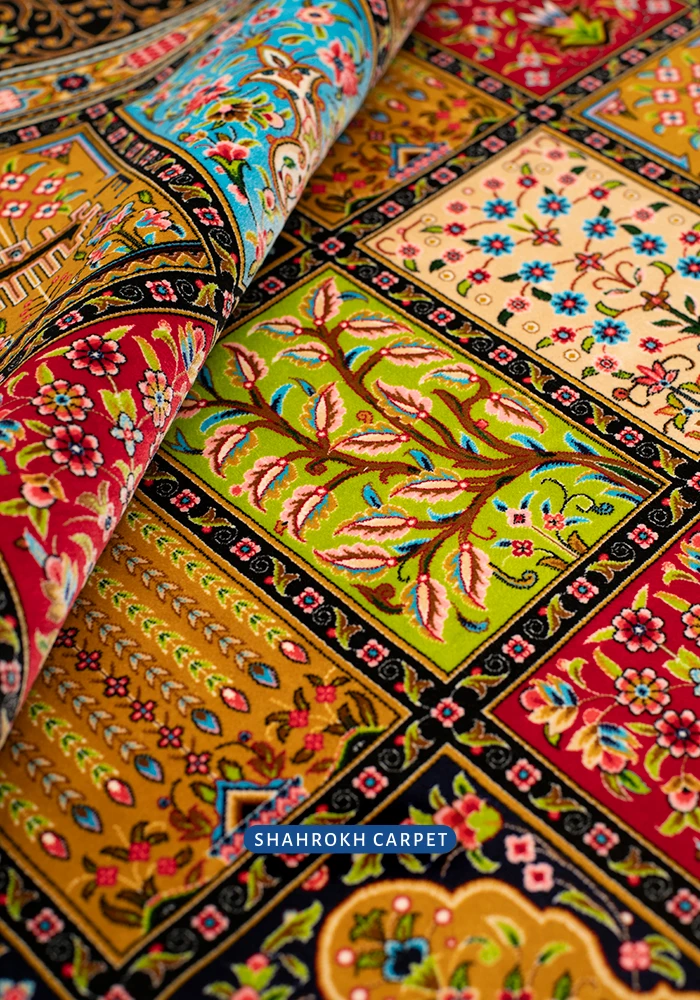 قیمت و خرید فرش ابریشم ماشینی 1700 شانه طرح خشتی فرا - فرش شاهرخ