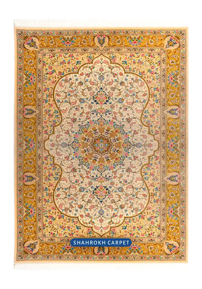 قیمت و خرید فرش 1700 شانه ابریشمی ماشینی طرح زرنگار زمینه کرم - فرش شاهرخ